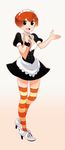  bandaid brown_eyes copyright_request maid multicolored multicolored_clothes multicolored_legwear orange_hair rakuraku short_hair solo striped striped_legwear thighhighs waitress 