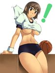  1girl areolae ayase_fuuka basketball bob_cut breasts brown_eyes brown_hair buruma eyebrows gym_uniform huge_breasts lace midriff nakamura_yukitoshi navel panties pantyshot shirt_lift short_hair solo thick_eyebrows underboob underwear wardrobe_malfunction wristband yotsubato! 