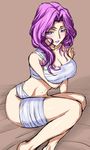  arm_support bandages barefoot bed_sheet blush breast_hold breasts cleavage code_geass cornelia_li_britannia embarrassed from_side fura hand_on_own_shoulder indoors large_breasts leaning_forward lipstick long_hair looking_at_viewer makeup naked_bandage navel parted_lips purple_eyes purple_hair purple_lipstick sarashi sitting sketch solo wavy_hair wide_hips 