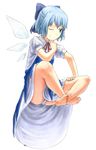  ass bad_id bad_pixiv_id bare_legs barefoot blue_eyes blue_hair cirno dress feet floating hand_on_own_chin indian_style jas one_eye_closed panties pantyshot short_hair sitting smirk solo touhou underwear 