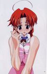  &gt;_&lt; 1girl absurdres ahoge artist_request between_breasts blush braid breast_squeeze breasts brown_hair closed_eyes eiken giantess highres huge_breasts long_hair mifune_densuke miniboy necktie open_mouth person_between_breasts red_eyes red_hair scan shinonome_chiharu striped 