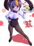  animal_ears blue_hair blue_skin blush breasts bunny_ears bunny_girl bunnysuit cleavage jiangshi large_breasts ofuda original pantyhose potion_(moudamepo) red_eyes short_hair solo tray wrist_cuffs 