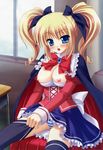  absurdres blonde_hair blue_eyes blush bra breasts cape cleavage colorful_wish dress hair_ribbon highres lingerie long_hair medium_breasts moeka nipples open_mouth panties ribbon sitting solo striped striped_panties thighhighs twintails underwear uni8 
