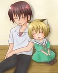  1girl aidaho_ryuuichi animal_ears blonde_hair blush brown_hair cat_ears higurashi_no_naku_koro_ni houjou_satoko maebara_keiichi pantyhose short_hair 