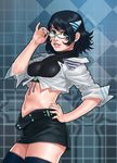  adjusting_eyewear bad_id bad_pixiv_id belt black_hair copyright_request glasses green_eyes hair_ornament highres midriff miniskirt mole mole_under_eye pencil_skirt sakai_toshihiro short_hair skirt smile solo thighhighs zettai_ryouiki 