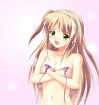  bikini bikini_top blonde_hair blush breast_hold breasts cleavage embarrassed green_eyes hairband koni long_hair medium_breasts moshimo_ashita_ga_hare_naraba nonosaki_akiho one_side_up open_mouth solo swimsuit topless 