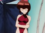  1girl 90s animated animated_gif bare_arms barefoot bob_cut breasts brown_eyes brown_hair curvy female matching_hair/eyes one-piece_swimsuit open-back_swimsuit ranma_1/2 sideboob spinning swimsuit tagme tendou_nabiki 