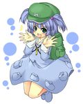  1girl :d backpack bag blue_dress blue_eyes blue_hair blush boots dress full_body jumping kawashiro_nitori kokka_han looking_at_viewer open_mouth rubber_boots short_hair simple_background smile solo touhou two_side_up white_background 