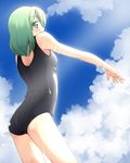  akino_sora ass back bad_id bad_pixiv_id green_eyes green_hair highres one-piece_swimsuit original school_swimsuit short_hair solo swimsuit wet 