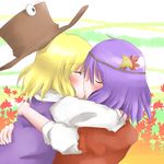  any_(lucky_denver_mint) bad_id bad_pixiv_id blonde_hair blush closed_eyes couple glomp hair_ornament hat hat_removed headwear_removed highres hug kiss leaf leaf_hair_ornament moriya_suwako multiple_girls profile purple_hair tears touhou yasaka_kanako yuri 