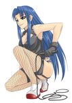  bad_id bad_pixiv_id blue_hair breasts cleavage cleavage_cutout fishnet_legwear fishnets garter_belt gloves kawashima_ami kneeling large_breasts long_hair minarai purple_hair solo thighhighs toradora! whip 