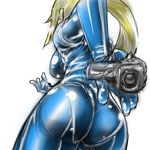  ass ass_focus blonde_hair bodysuit duplicate gun md5_mismatch metroid samus_aran solo weapon yakibuta_(shimapow) zero_suit 