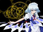  blue_eyes card card_in_mouth clock holding holding_card inu3 izayoi_sakuya knife maid mouth_hold ribbon short_hair silver_hair solo touhou 