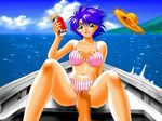  bikini boat can day feet game_cg green_eyes hat kazeiro_no_romance non-web_source ocean pov purple_hair short_hair soda_can straw_hat swimsuit watercraft 