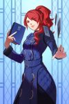 1girl 3four book breasts closed_mouth cosplay double-breasted dress hair_over_one_eye hairband kirijou_mitsuru long_hair looking_at_viewer margaret_(persona) persona persona_3 persona_3:_dancing_moon_night persona_4 red_eyes red_hair smile solo wavy_hair 