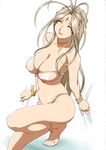  aa_megami-sama anklet barefoot belldandy bikini bikini_tan bracelet breastless_clothes breasts brown_hair choker closed_eyes facial_mark feet forehead_mark highres jewelry joy_division large_breasts long_hair nipples nude smile solo swimsuit tan tanline 