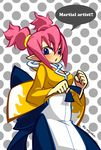  blue_eyes blush breasts cleavage cleavage_cutout clenched_hands disgaea female_brawler_(disgaea) fighting_stance japanese_clothes makai_senki_disgaea_3 medium_breasts open_mouth pink_hair pointy_ears solo twintails utyako 