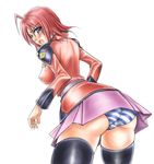  :o ahoge ass blue_eyes blush breasts covered_nipples dunga gundam gundam_seed gundam_seed_destiny looking_back lunamaria_hawke medium_breasts military military_uniform miniskirt panties pink_skirt red_hair short_hair skirt solo striped striped_panties thighhighs underwear uniform upskirt 