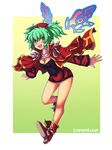  boots cape copyright_name espgaluda gradient gradient_background green_background green_eyes green_hair happy kara_(color) solo tateha wings yellow_background 