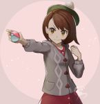  1girl ball breasts brown_eyes brown_hair cowboy_shot creatures_(company) female_protagonist_(pokemon_swsh) game_freak grey_sweater hat highres holding holding_ball holding_poke_ball long_sleeves nintendo pink_background poke_ball poke_ball_(generic) pokemon pokemon_(game) pokemon_swsh short_hair simple_background skirt small_breasts smirk solo sweater tetuhebi 