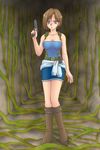  1girl blue_eyes boots breasts brown_hair cleavage female gun jill_valentine looking_at_viewer plant resident_evil serious short_hair solo strapless tubetop vines weapon yu-ta.18 