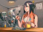  1girl alcohol android beer breasts cleavage eating fish food highres indoors original robot smile vi2 