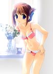  blue_eyes bow bow_bra bow_panties bra breasts brown_hair cleavage folded_ponytail groin highres komaki_manaka lingerie medium_breasts navel norizou_type-r panties panty_pull solo to_heart_2 underwear underwear_only undressing window 