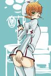  ass bent_over blush bottomless brown_hair code_geass crossdressing green_eyes kururugi_suzaku male_focus nurse otoko_no_ko shiraishi_asuka skirt solo thighhighs 