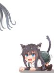  2girls animal_ears arm_warmers asashio_(kantai_collection) black_hair blue_eyes cat_ears cat_tail comiching commentary_request eyebrows_visible_through_hair fang grey_hair grey_skirt highres kantai_collection long_hair multiple_girls open_mouth pleated_skirt shirt short_sleeves simple_background skirt slit_pupils smile solo_focus squatting suspenders tail white_background white_shirt 