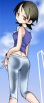  ass bad_id bad_pixiv_id bare_shoulders black_hair brown_eyes cosplay fuura_kafuka gundam gundam_00 hair_ornament hairclip parody reverie_(artist) sayonara_zetsubou_sensei short_hair solo sumeragi_lee_noriega sumeragi_lee_noriega_(cosplay) 