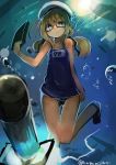 1girl absurdres blonde_hair blue_eyes female glasses hat highres i-8_(kantai_collection) kaamin_(mariarose753) kantai_collection low_twintails one-piece_swimsuit solo swimsuit twintails underwater 