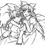  :3 animal_ears blush cat_ears greyscale kaenbyou_rin long_hair misogi_(misogi1341) monochrome multiple_girls reiuji_utsuho ribbon sketch touhou twintails wings 