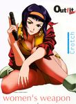  breasts cleavage cowboy_bebop faye_valentine fingernails green_eyes gun hairband handgun kawamoto_toshihiro large_breasts long_fingernails nail_polish orange_hairband panties pantyshot pink_nails pistol purple_hair scan short_hair solo thighhighs underwear weapon 