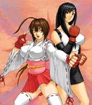  ahoge bad_id bad_pixiv_id black_hair breasts brown_hair covered_nipples crossover fighting_stance final_fantasy final_fantasy_vii fingerless_gloves gloves iwauchi_tomoki large_breasts long_hair multiple_girls musubi panties red_eyes sekirei thighhighs tifa_lockhart underwear white_panties 