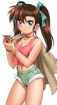  aqua_ribbon bakusou_kyoudai_let's_&amp;_go!! bakusou_kyoudai_let's_&amp;_go!!_max bare_shoulders bracelet breasts brown_hair choker cleavage commentary_request cowboy_shot crop_top cutoffs denim denim_shorts eyebrows_visible_through_hair green_eyes green_shorts hair_ribbon holding holding_toy jewelry long_hair looking_at_viewer medium_breasts midriff navel oogami_marina pendant red_choker red_tank_top ribbon shingyouji_tatsuya short_shorts shorts simple_background sleeveless smile solo standing tank_top twintails white_background 