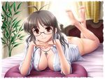  akizuki_ritsuko amane_(funfun) antenna_hair areolae barefoot bed black_hair breasts brown_eyes cleavage cross feet glasses hair_down idolmaster idolmaster_(classic) idolmaster_1 jewelry large_breasts lying necklace no_bra on_stomach open_clothes open_shirt panties shirt sleeves_rolled_up smile soles solo underwear yellow_panties 