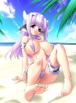  animal_ears arm_support barefoot beach breasts copyright_request cow_ears cow_girl day feet garters gunner-l horns large_breasts long_hair non-web_source pov_feet purple_eyes purple_hair sitting slingshot_swimsuit soles solo swimsuit wristband 