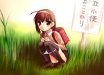  blue_eyes brown_hair copyright_request norizou_type-r outdoors panties panty_pull pee peeing pussy school_uniform solo thighhighs translated underwear 