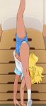  1girl amamiya_erena blonde_hair blue_shorts dark_skin gymnastics haruyama_kazunori highres leg_up legs long_hair midriff navel panties pantyshot precure shorts socks solo star_twinkle_precure underwear white_panties 