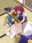  barefoot closed_eyes fan green_hair hair_bobbles hair_ornament hat hat_removed headwear_removed lying multiple_girls on_back on_side onozuka_komachi paper_fan red_hair shiki_eiki sleeping tatami time_paradox touhou uchiwa uro yawning younger 