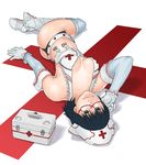  adjusting_eyewear black_hair boots breasts cleavage copyright_request elbow_gloves first_aid_kit glasses gloves hat large_breasts lying nurse nurse_cap sakai_toshihiro short_hair shorts smile solo thighhighs 