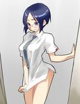  bleach blue_eyes blue_hair blush bottomless covering covering_crotch dress_shirt genderswap genderswap_(mtf) glasses ishida_uryuu necktie sacchin_(yama) shirt shirt_tug short_hair solo 