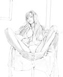  barefoot breasts copyright_request derivative_work feet greyscale hawoku_ishibare large_breasts long_hair monochrome open_clothes open_shirt panties realistic shirt solo underwear 