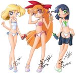  3girls black_hair bleedman blonde_hair blossom blue_eyes bubbles buttercup cute green_eyes powerpuff_girls red_eyes red_hair swimsuit tagme 