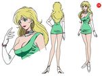  beads blonde_hair bracelet breasts character_sheet choker cinderella_boy cleavage dress earrings elbow_gloves from_behind gloves green_eyes hand_on_hip high_heels jewelry kobayashi_toshimitsu large_breasts legs lipstick long_hair long_legs makeup multiple_views necklace no_bra rella_cindy_shirayuki shoes short_dress simple_background smile standing turnaround upper_body white_gloves 