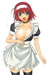  a1 ahoge apron black_legwear blush breast_slip breasts choker green_eyes hairband highres kimi_ga_nozomu_eien large_breasts maid nipples no_bra one_breast_out open_mouth red_hair shirt_pull solo standing suzumiya_akane thighhighs zettai_ryouiki 