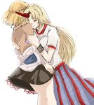  blonde_hair closed_eyes horn hoshiguma_yuugi hug long_hair mizuhashi_parsee multiple_girls mxkxm short_hair touhou 