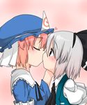  blush closed_eyes hand_on_another's_face hat kiss konpaku_youmu lowres muku_(muku-coffee) multiple_girls pink_hair profile ribbon saigyouji_yuyuko short_hair silver_hair surprised touhou yuri 