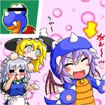  3girls blonde_hair blood blush censored cosplay fang female hat identity_censor izayoi_sakuya kirisame_marisa lowres maid maid_headdress mario_(series) multiple_girls noise_bleed purple_hair remilia_scarlet rex_(mario) super_mario_bros. super_mario_world touhou wings witch_hat 