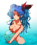  bikini bikini_top blue_hair breasts cleavage food kara_(color) large_breasts orange_bikini popsicle red_eyes ribbon rocbouquet_(saga) romancing_saga romancing_saga_2 saga swimsuit twintails water 